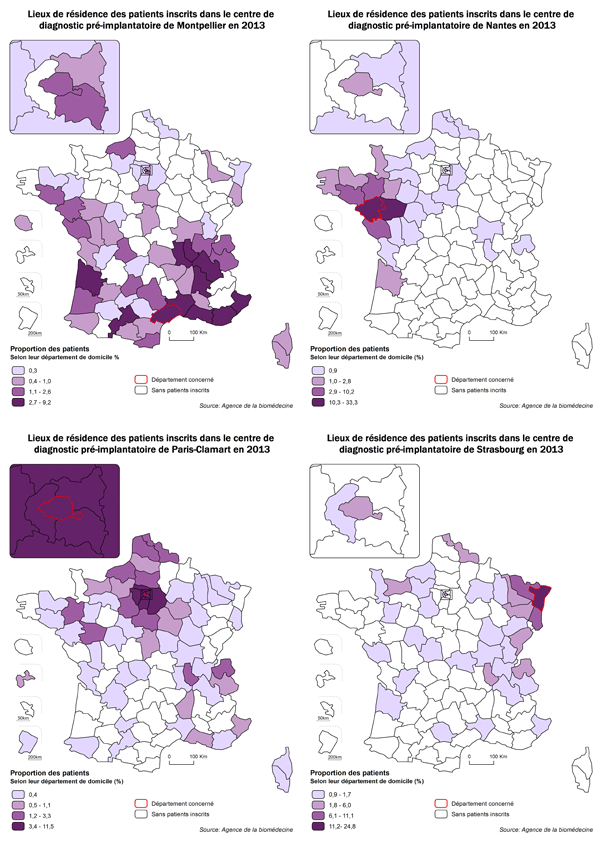 Figure DPI3. Lieu de résidence des couples inscrits dans chacun des centres de diagnostic préimplantatoire en 2013