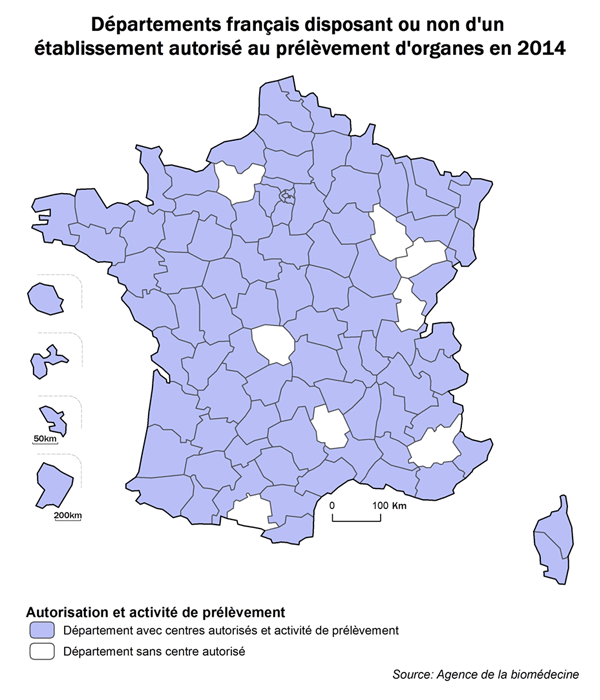 Figure P2. Carte de l'activité de prélèvement des départements français selon la présence d'un établissement autorisé à l'activité de prélèvement d'organe en 2014
