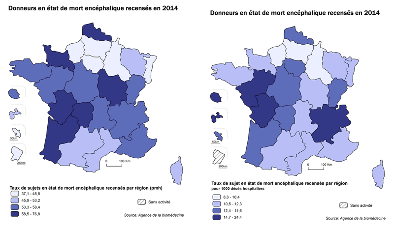 Figure P7. Taux de sujets en état de mort encéphalique recensés par million d'habitants et pour 1000 décès hospitaliers (données ATIH 2013) par région en 2014