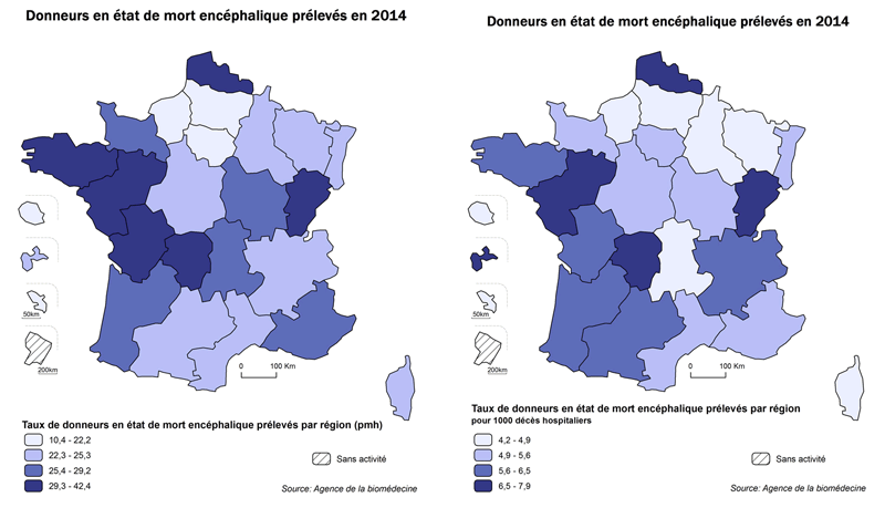 Figure P8. Taux de donneurs en état de mort encéphalique prélevés par million d'habitants et pour 1000 décès hospitaliers (données ATIH 2013) par région en 2014
