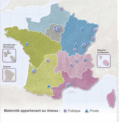 Figure CSH P6. Localisation des maternités du Réseau Français de Sang Placentaire en  décembre 2015