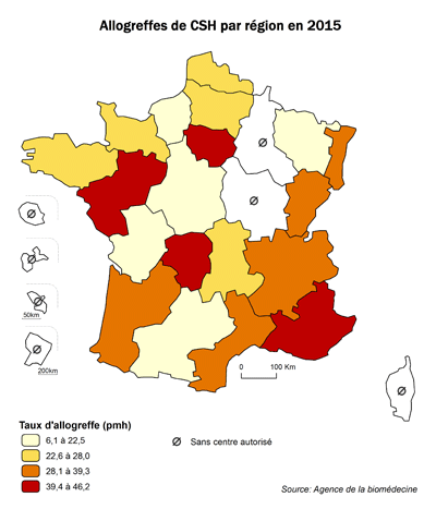 Figure CSH R1. Taux d’allogreffes de CSH  par région en 2015