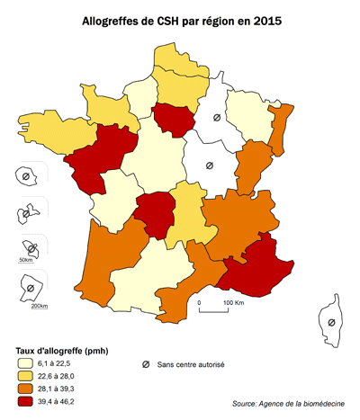 Figure CSH R1. Taux d’allogreffes de CSH par région en 2015