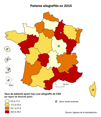 Figure CSH R2. Taux de patients  ayant reçu une allogreffe de CSH intra-familiale ou non apparentée en 2015, par  région de domicile