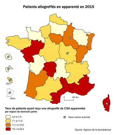 Figure CSH R3. Taux de patients ayant reçu une allogreffe apparentée de CSH en 2015, par région de domicile