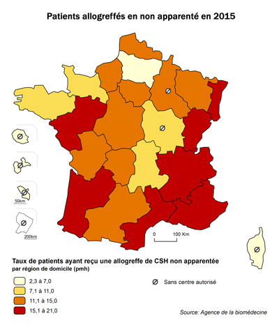 Figure CSH R4. Taux de patients ayant reçu une allogreffe non apparentée de CSH en 2015, par  région de domicile