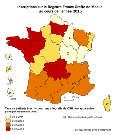 Figure CSH R5. Taux de patients inscrits pour une allogreffe de CSH non apparentée, au cours de l’année 2015, par région de domicile