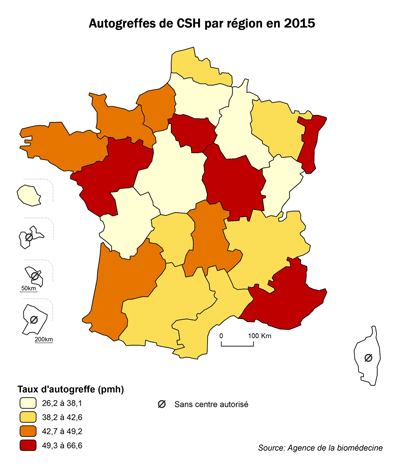 Figure CSH R7. Taux d’autogreffes de CSH  par région en 2015