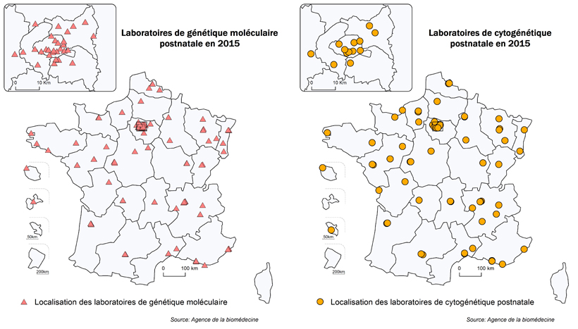 Figure POSTNATAL1. Répartition géographique des laboratoires de cytogénétique et de génétique  moléculaire postnatale ayant déclaré une activité en 2015