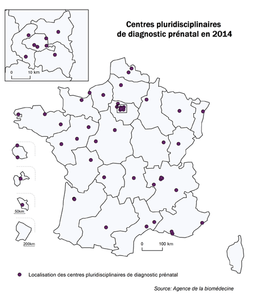 Figure CPDPN1. Répartition  sur le territoire des centres pluridisciplinaires de diagnostic prénatal en  2014