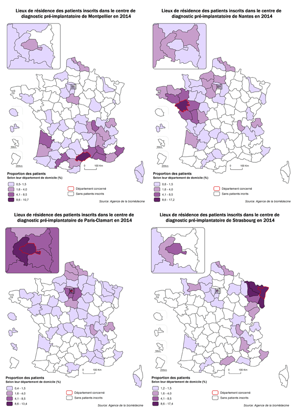 Figure DPI3. Lieu de  résidence des couples inscrits dans chacun des centres de diagnostic préimplantatoire  en 2014