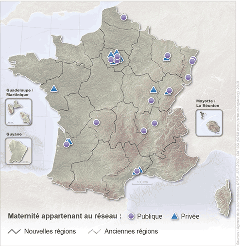 Figure CSH P6. Localisation des maternités du Réseau Français de Sang Placentaire en  décembre 2016