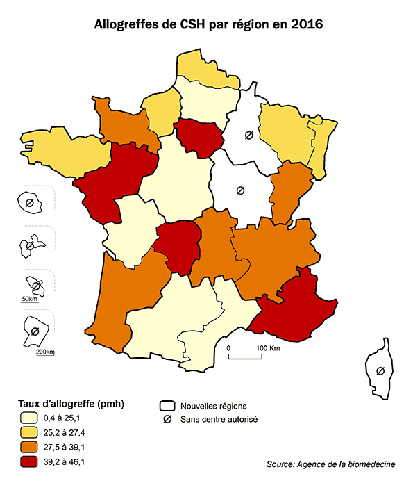 Figure CSH R1. Taux d’allogreffes de CSH  par région en 2016