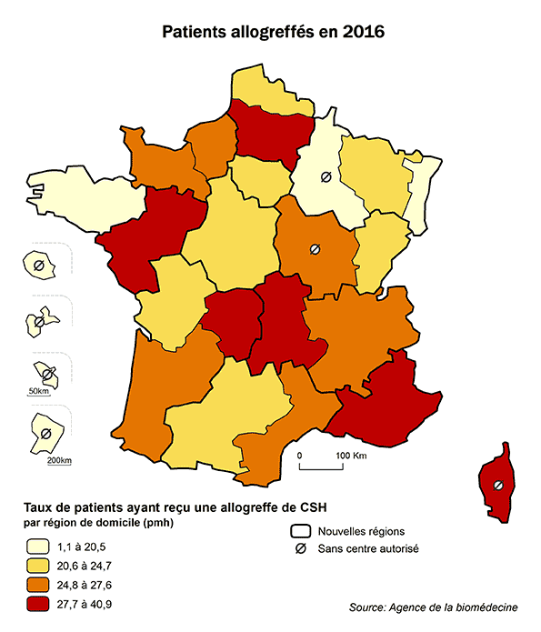 Figure CSH R2. Taux de patients  ayant reçu une allogreffe de CSH intrafamiliale ou non apparentée en 2016, par  région de domicile