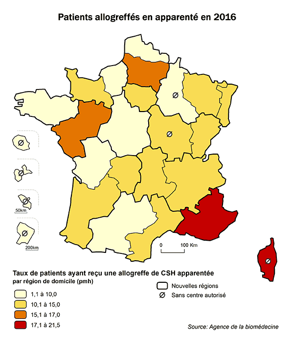 Figure CSH R3. Taux de patients ayant reçu une allogreffe apparentée de CSH en 2016, par  région de domicile