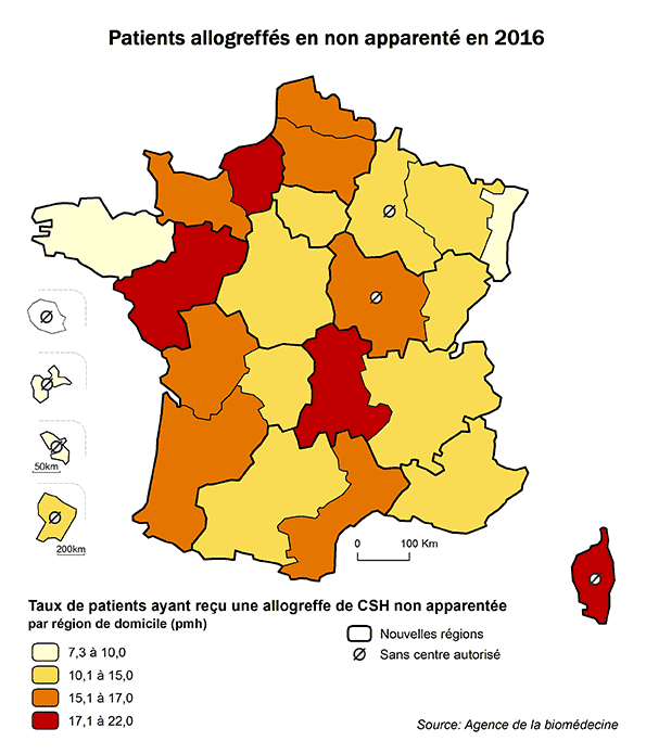 Figure CSH R4. Taux de patients ayant reçu une allogreffe non apparentée de CSH en 2016, par  région de domicile