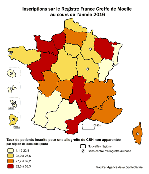 Figure CSH R5. Taux de patients inscrits pour une allogreffe de CSH non apparentée, au cours de l’année 2016, par région de domicile