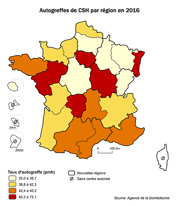 Figure CSH R7. Taux d’autogreffes de CSH  par région en 2016