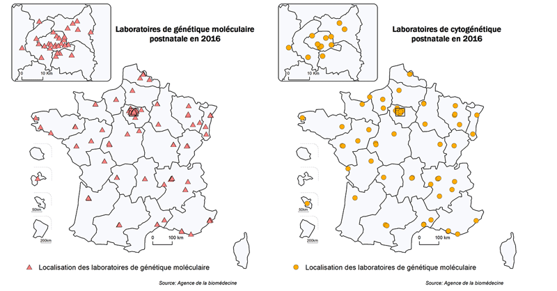 Figure POSTNATAL1. Répartition géographique    des laboratoires de cytogénétique et de génétique moléculaire postnatale    ayant déclaré une activité en 2016