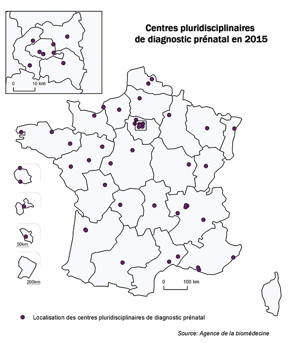 Figure CPDPN1. Répartition sur le territoire des centres pluridisciplinaires de diagnostic prénatal en 2015