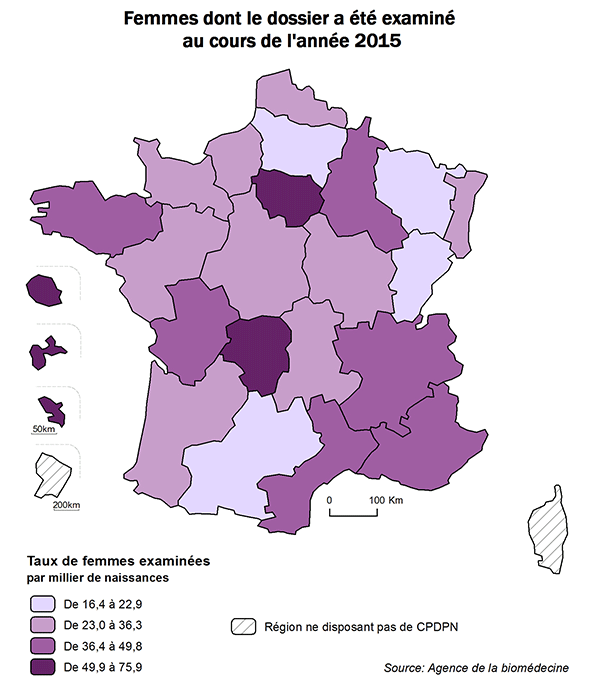 Figure CPDPN2. Activité  régionale des CPDPN : femmes dont le dossier a été examiné au moins une fois  dans l’année lors d’une réunion pluridisciplinaire par un CPDPN de la région