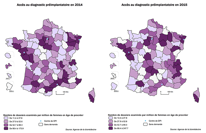 Figure DPI2. Accès au DPI en France entre 2014 et 2015 selon le lieu de résidence des couples