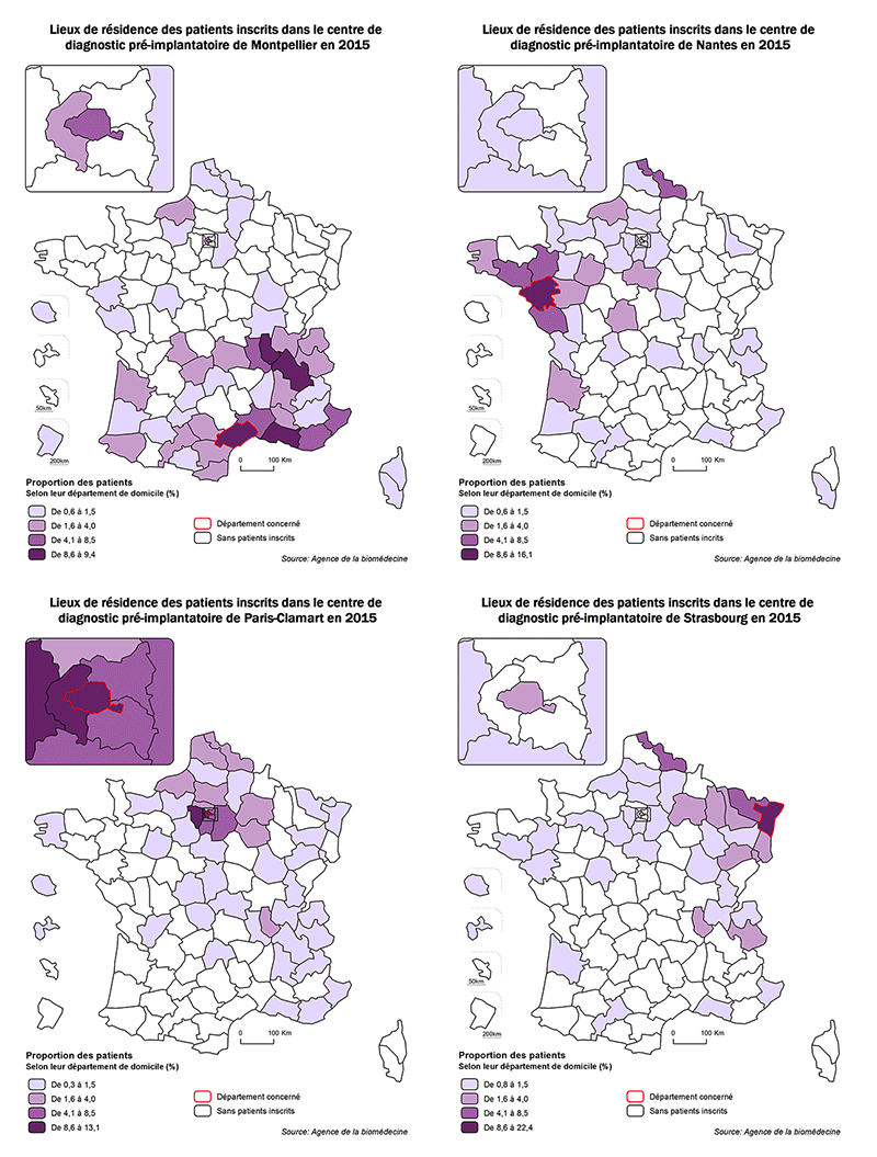Figure DPI3. Lieu de résidence des couples inscrits dans chacun des centres de diagnostic préimplantatoire en 2015