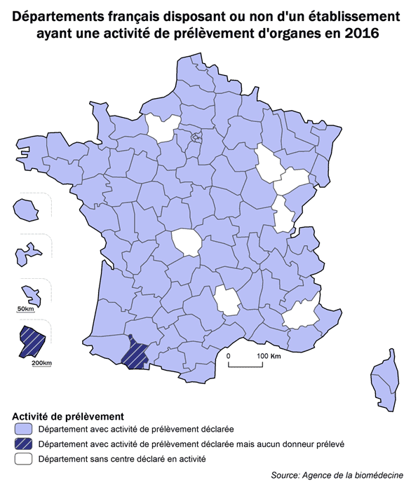 Figure P2. Carte de l'activité de prélèvement des départements français selon la présence d'un établissement en activité de prélèvement d'organe en 2016