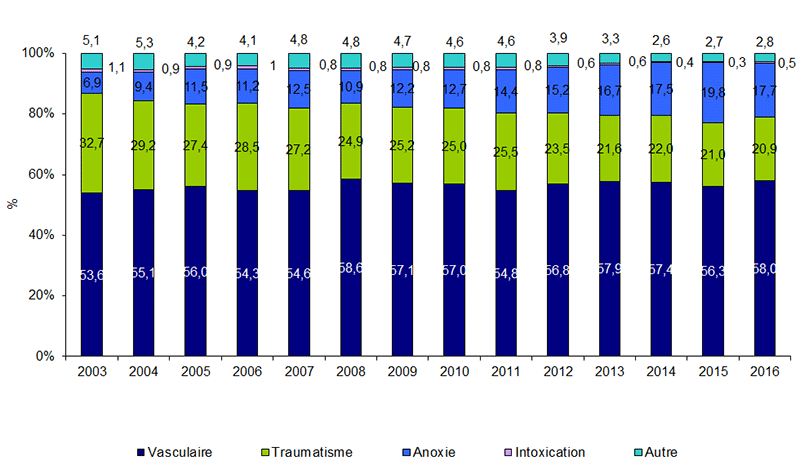 Figure P6. Evolution des causes de décès des sujets en état  de mort encéphalique recensés