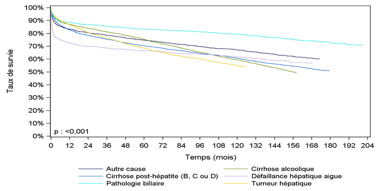 Figure F8. Survie du receveur après greffe hépatique selon la pathologie à la première  inscription <br>
  (1993-2015)**