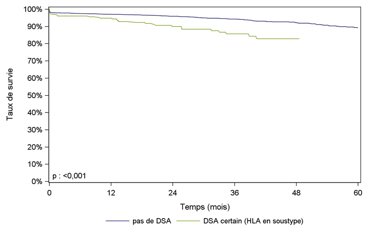 Figure R13. Survie du greffon rénal issu de donneur vivant selon la présence d'anticorps anti-HLA dirigés contre le HLA du donneur (2010-2015)
