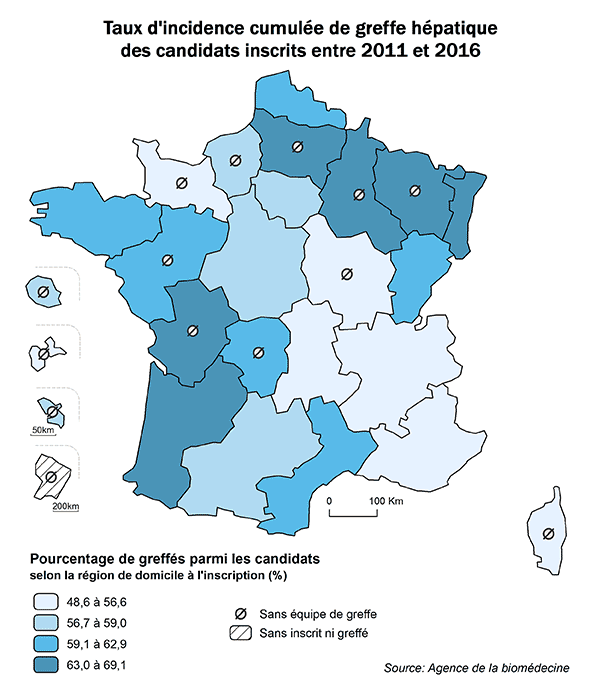 Figure AR F3. Taux d'incidence cumulée de greffe hépatique des candidats inscrits entre 2011 et 2016