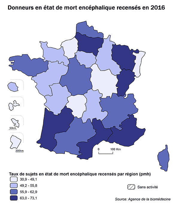 Figure AR P1A. Donneurs en état de mort encéphalique recensés en 2016