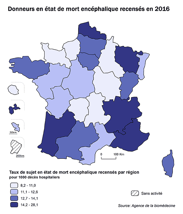 Figure AR P1B. Donneurs en état de mort encéphalique recensés en 2016