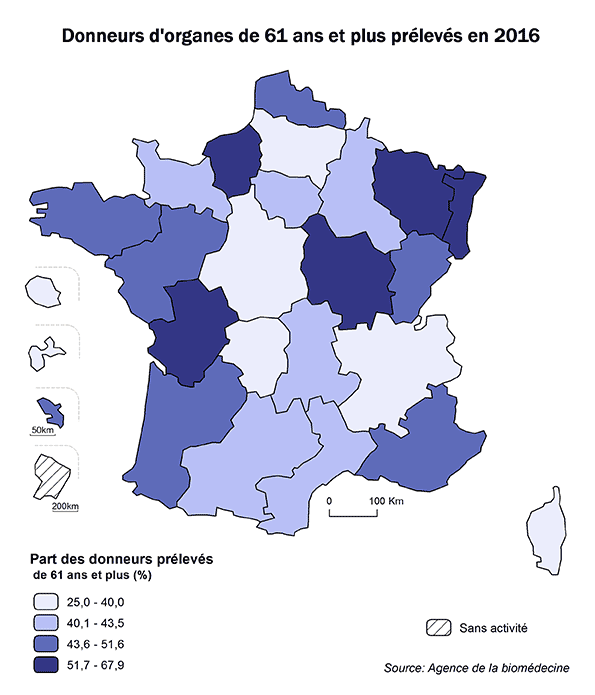 Figure AR P4. Donneurs d'organes de 61 ans et plus prélevés en 2016