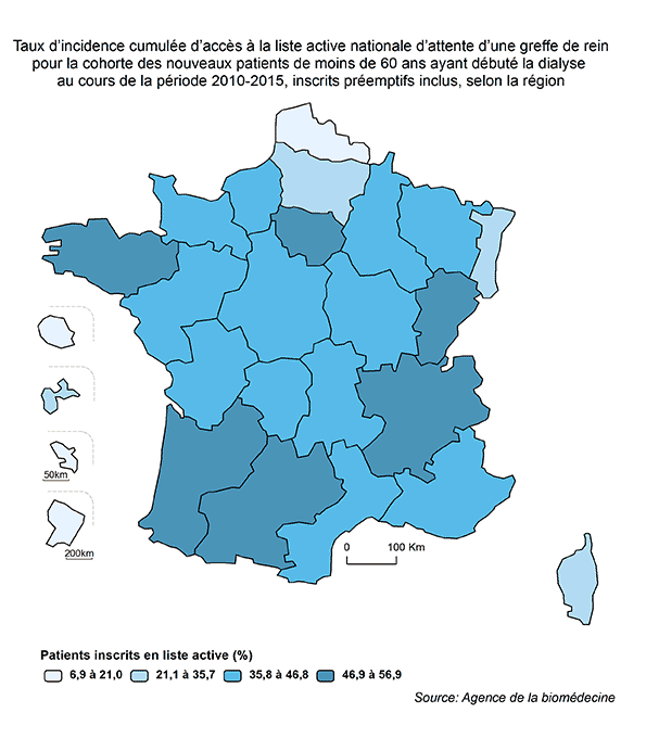 Figure AR R4. Taux d'incidence cumulée d'accès à la liste active nationale d'attente d'une greffe de rein pour la cohorte des nouveaux patients de moins de 60 ans ayant débuté la dialyse au cours de la période 2010-2015, inscrits préempifs inclus, selon la région