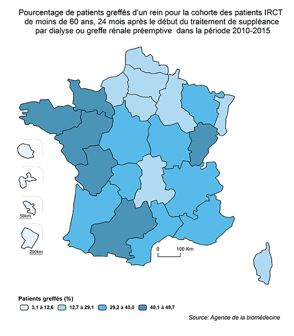 Figure AR R5. Pourcentage de patients greffés d'un rein pour la cohorte des patients IRCT de moins de 60 ans, 24 mois après le début du traitement de suppléance par dialyse ou greffe rénale préemptive dans la période 2010-2015