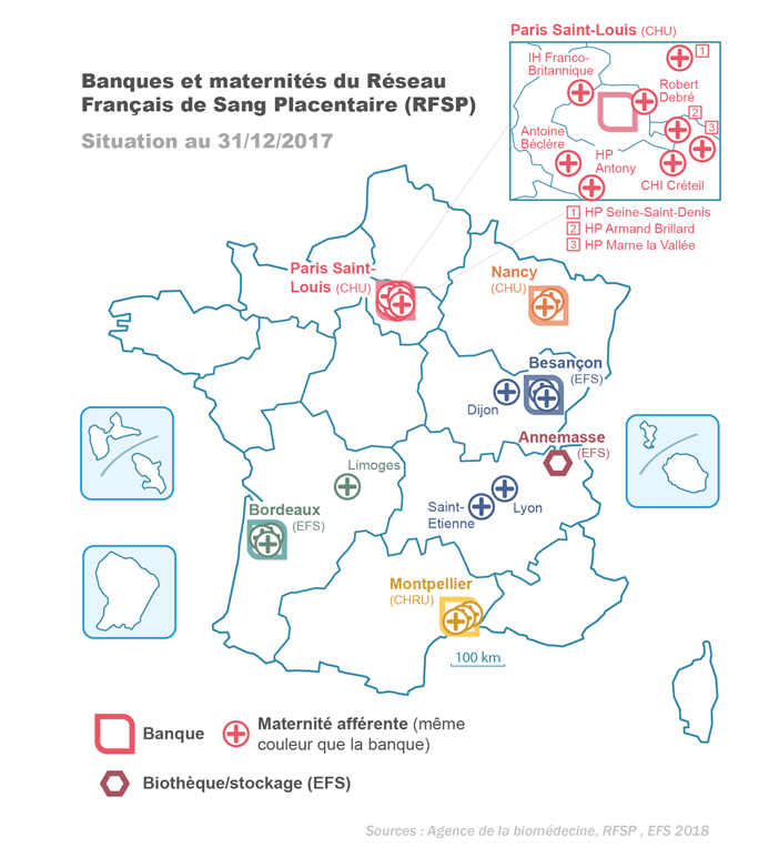 Figure CSH P6. Localisation des banques et des maternités du Réseau Français de Sang Placentaire - fin  décembre 2017