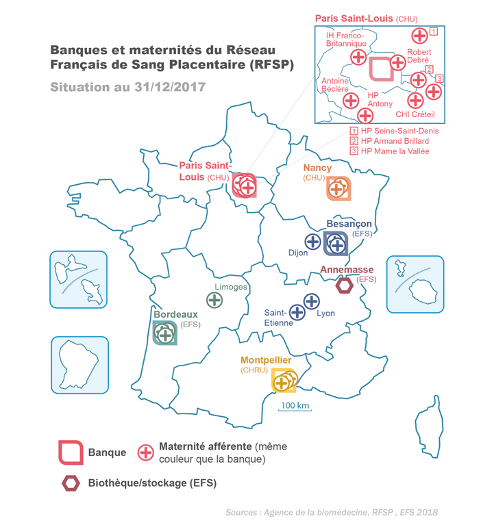 Figure CSH P6. Localisation des banques et des maternités du Réseau Français de Sang Placentaire - fin décembre 2017