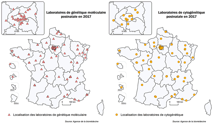 Figure POSTNATAL1. Répartition géographique des laboratoires de cytogénétique et de génétique moléculaire postnatale ayant déclaré une activité en 2017