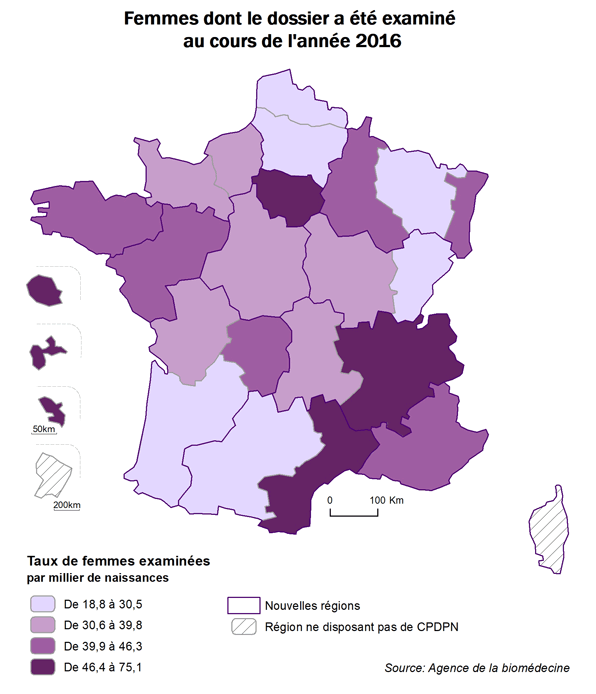 Figure CPDPN2 Activité des CPDPN par région : Répartition  régionale du nombre de femmes dont le dossier a été examiné au moins une fois  par un CPDPN de la région par milliers de naissances en 2016