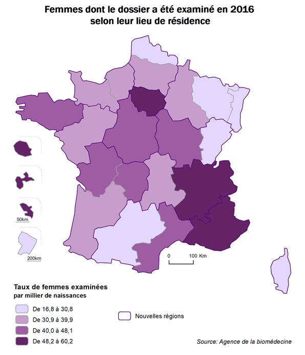 Figure CPDPN3Région de résidence des femmes : Répartition du nombre de femmes dont le dossier a été examiné au moins une fois par un CPDPN par milliers de naissances selon leur lieu de résidence en 201