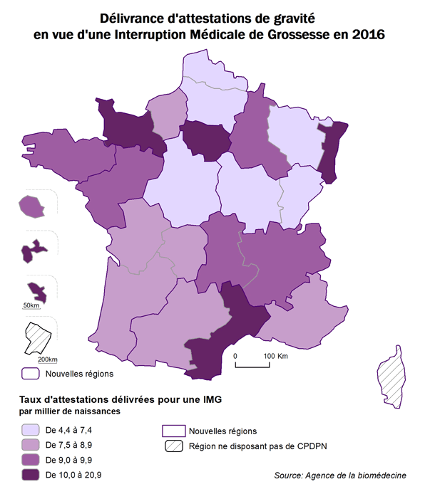 Figure CPDPN4 Attestations de particulière gravité délivrées  pour motif fœtal : Répartition régionale du nombre d'attestations délivrées par  les CPDPN de la région par milliers de naissances en 2016