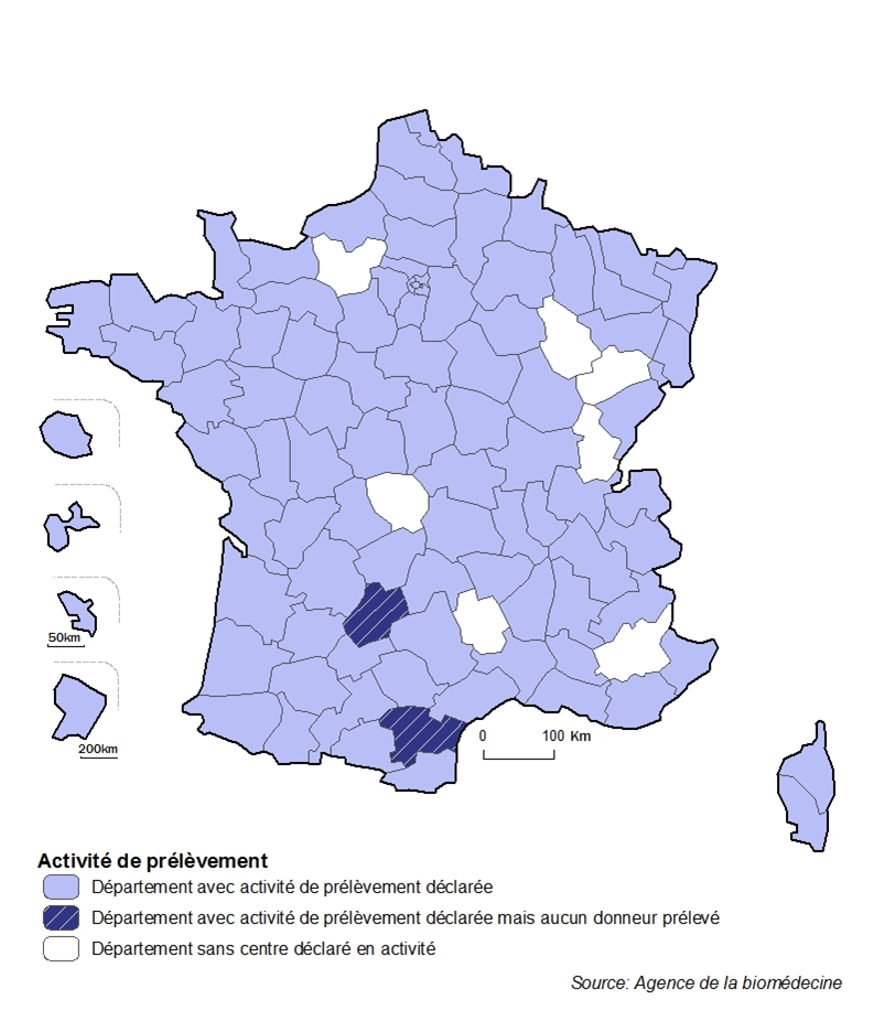 Figure P2. Carte de l'activité de  prélèvement des départements français selon la présence d'un établissement en  activité de prélèvement d'organe en 2017