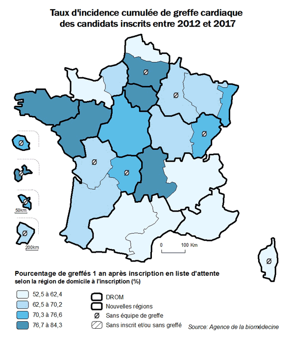 Figure AR C3. Taux d'incidence cumulée de greffe cardiaque des candidats inscrits entre 2012 et 2017