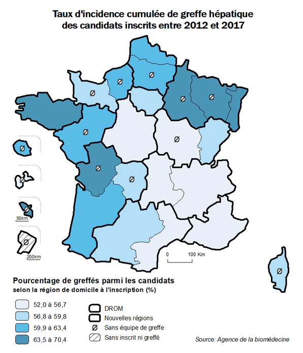 Figure AR F3. Taux d'incidence cumulée de greffe hépatique des candidats inscrits entre 2012 et 2017