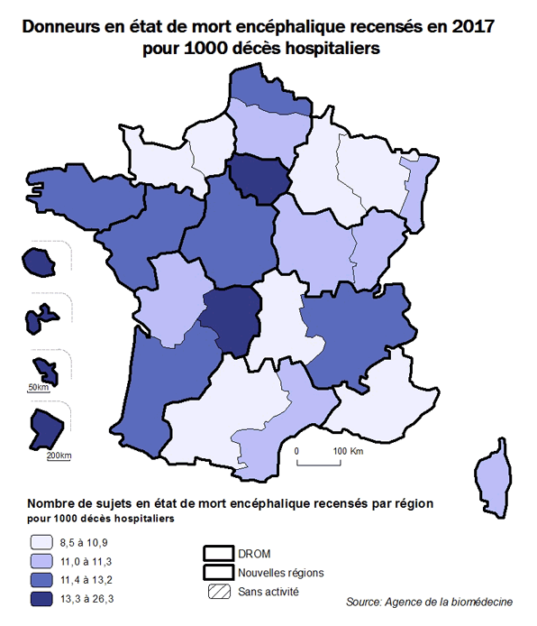 Figure AR P1B. Donneurs en état de mort encéphalique recensés en 2017 pour 1000 décès hospitaliers