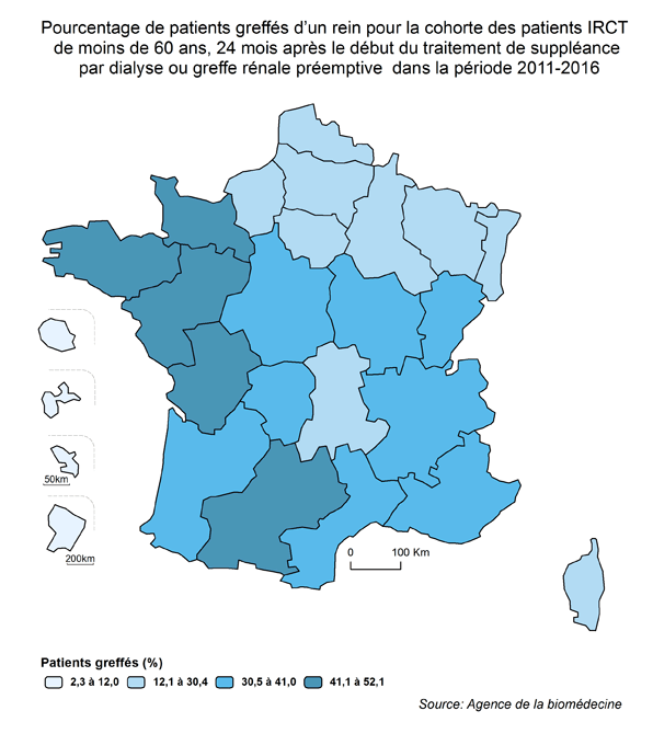 Figure AR R5. Pourcentage de patients greffés d'un rein pour la cohorte des patients IRCT de moins de 60 ans, 24 mois après le début du traitement de suppléance par dialyse ou greffe rénale préemptive dans la période 2011-2016